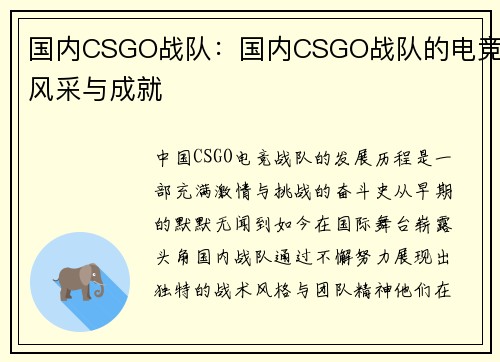国内CSGO战队:国内CSGO战队的电竞风采与成就