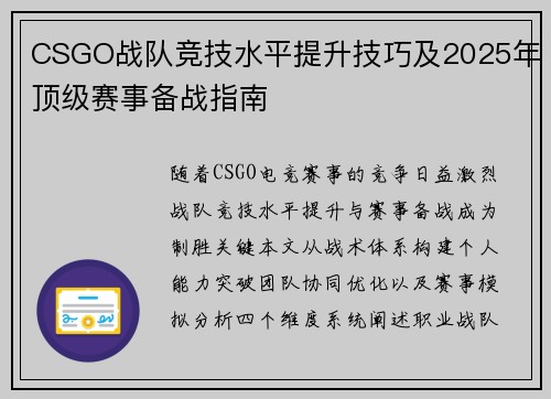 CSGO战队竞技水平提升技巧及2025年顶级赛事备战指南