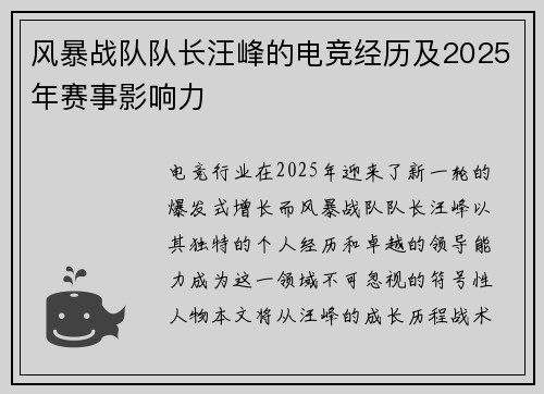 风暴战队队长汪峰的电竞经历及2025年赛事影响力